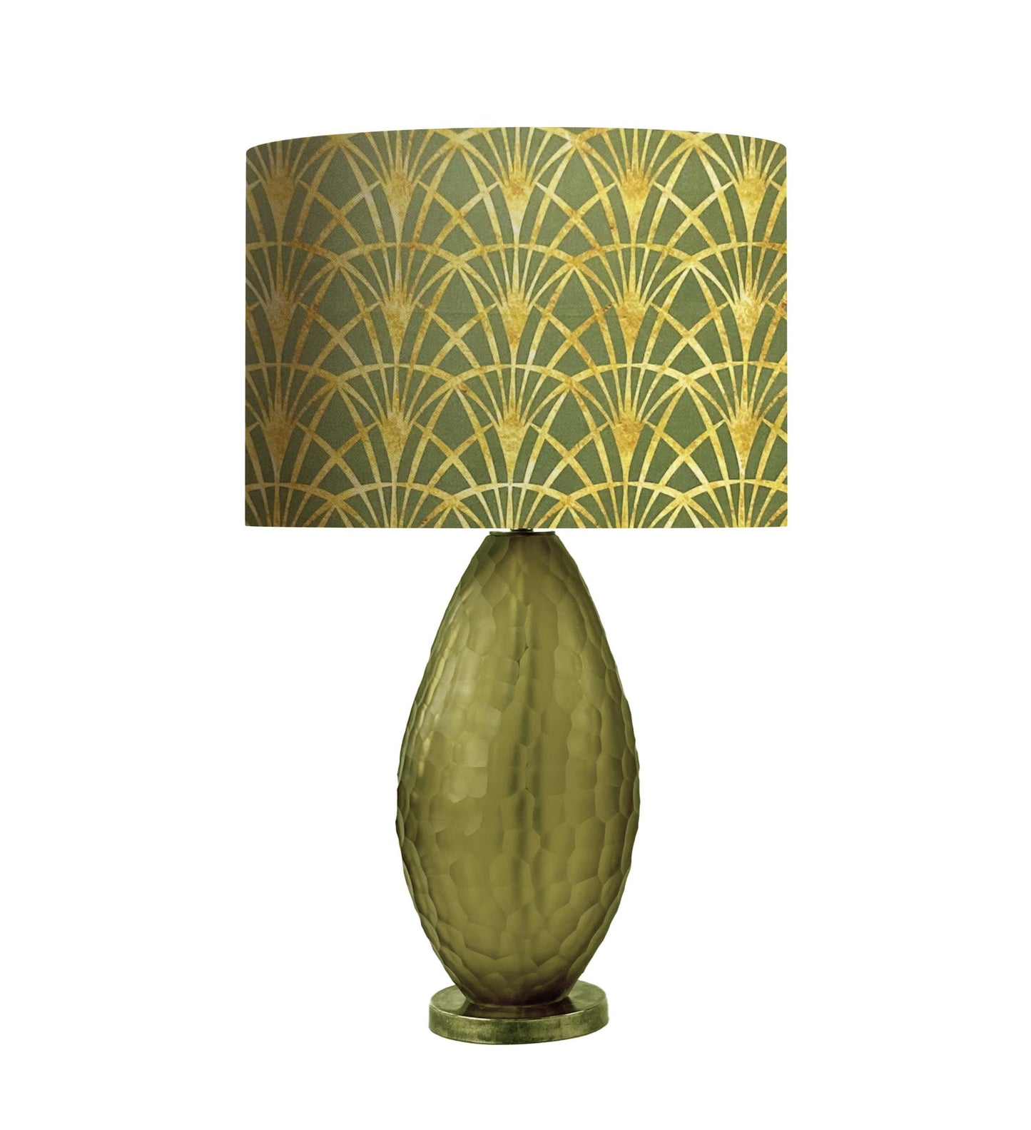 Art Deco Drum Lampshade, Gold Thin Fans, Sage Green