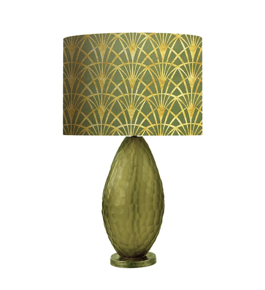 Art Deco Drum Lampshade, Gold Thin Fans, Sage Green