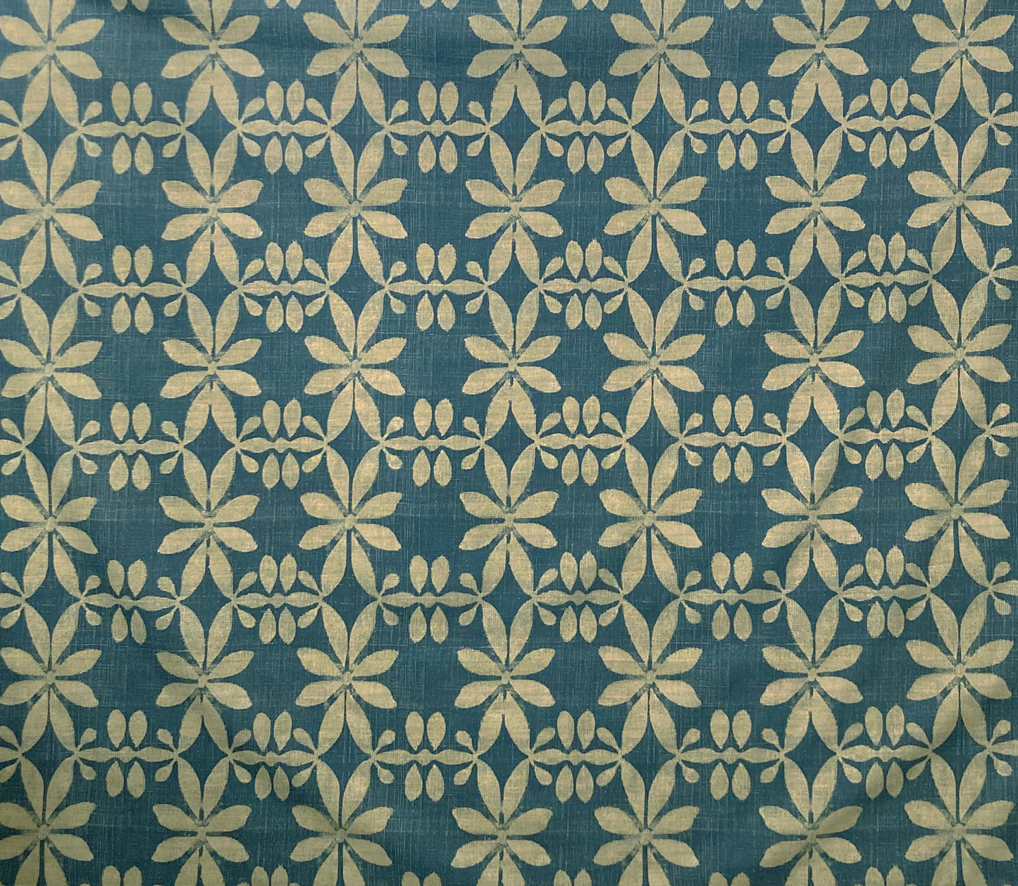 Teal fabric with gold floral geometric pattern, ideal for custom window shades and home decor