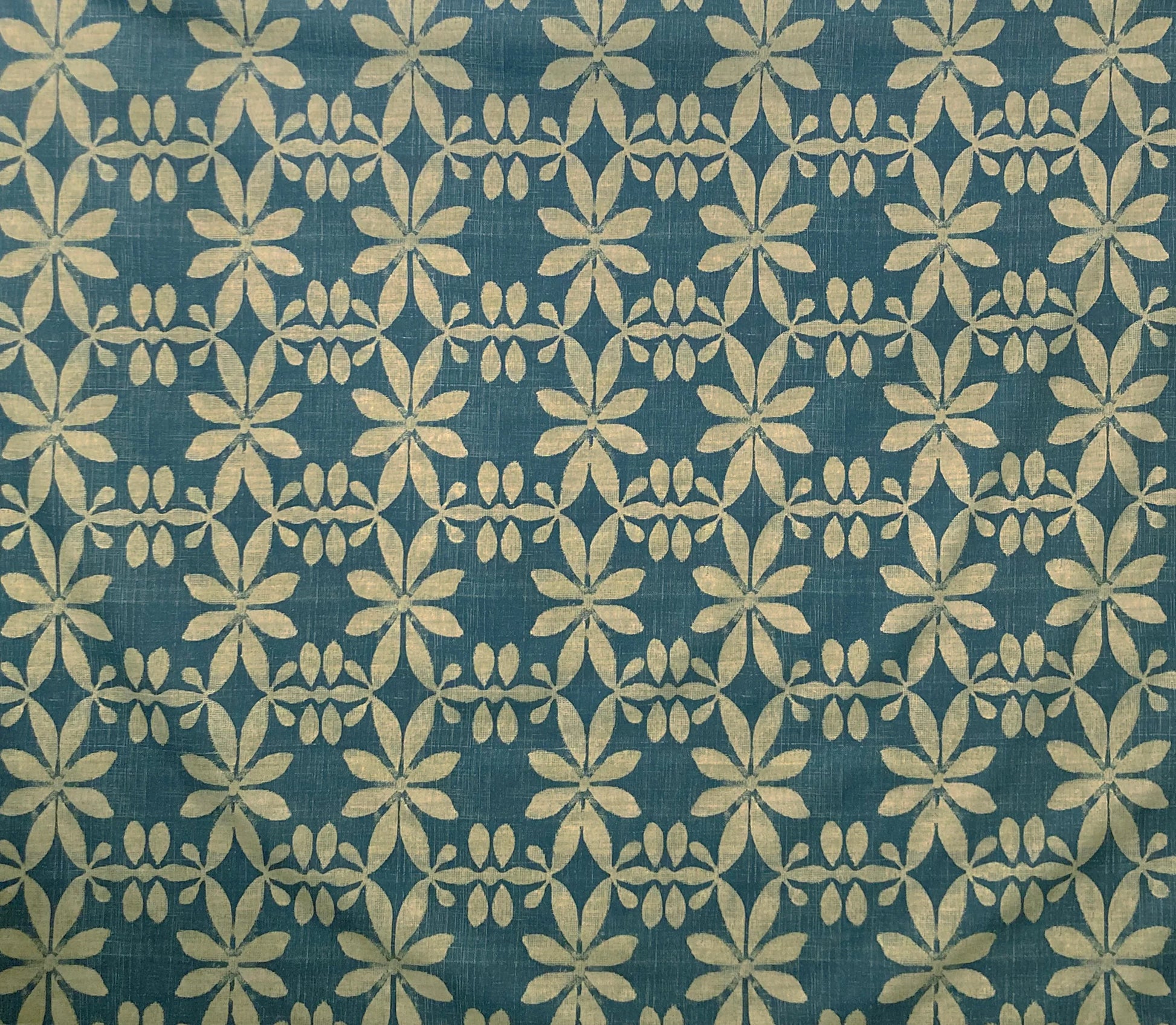 Teal fabric with gold floral geometric pattern, ideal for custom window shades and home decor