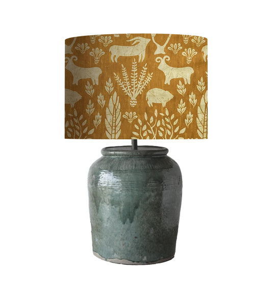 Terracotta Drum Lampshade, Primitive Animal Print, Distressed Texture