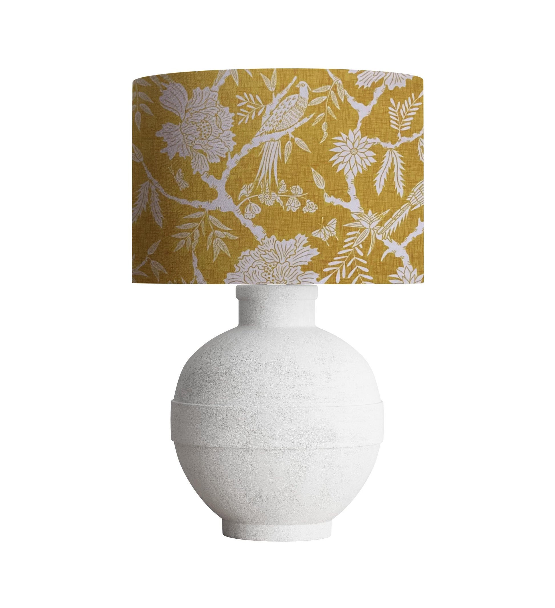 Chinoiserie Drum Lampshade, Golden Yellow Floral Bird Print
