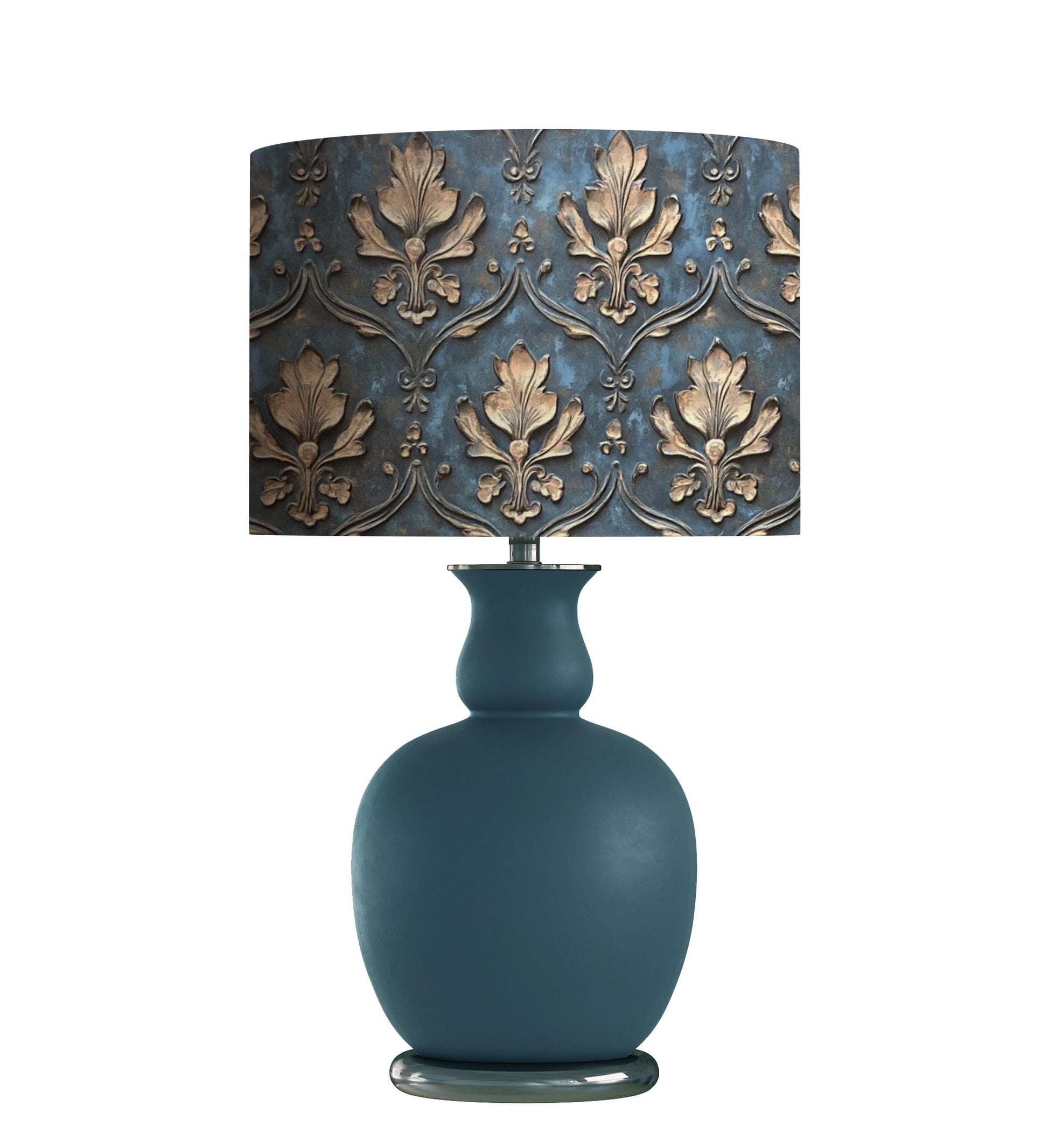 Teal Victorian Damask Drum Lampshade, Distressed Gold Baroque Home Decor