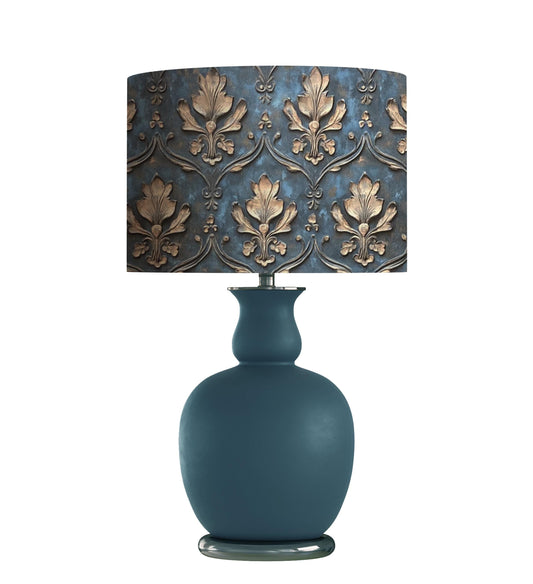 Teal Victorian Damask Drum Lampshade, Distressed Gold Baroque Home Decor