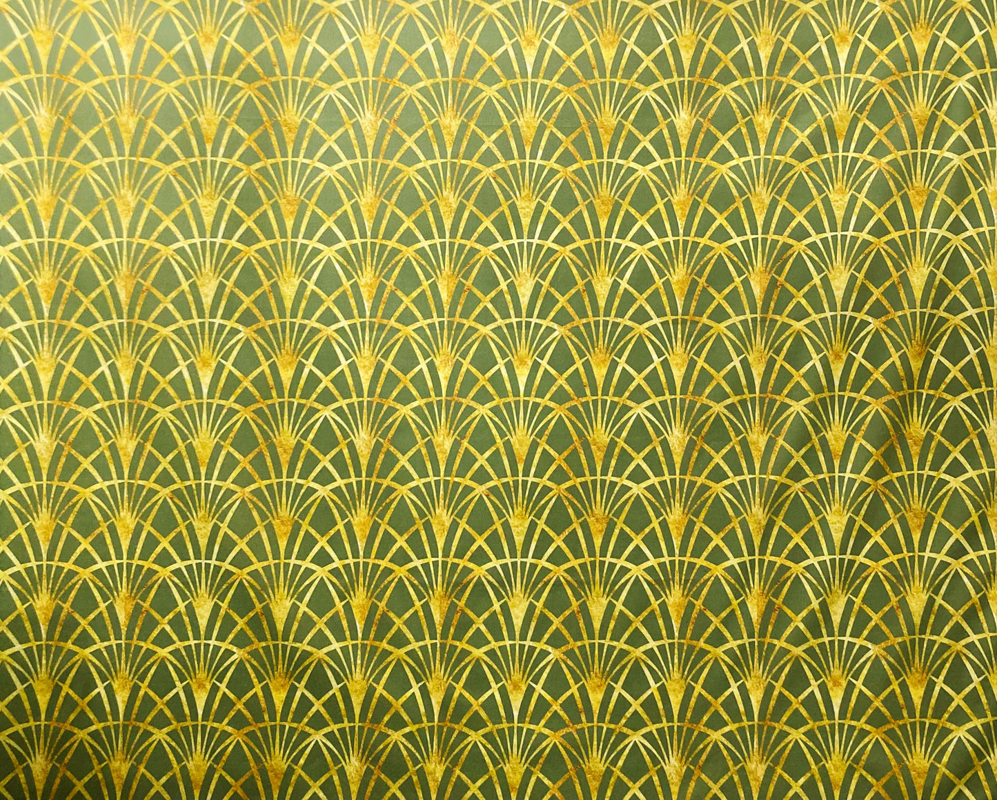 Art Deco Drum Lampshade, Gold Thin Fans, Sage Green