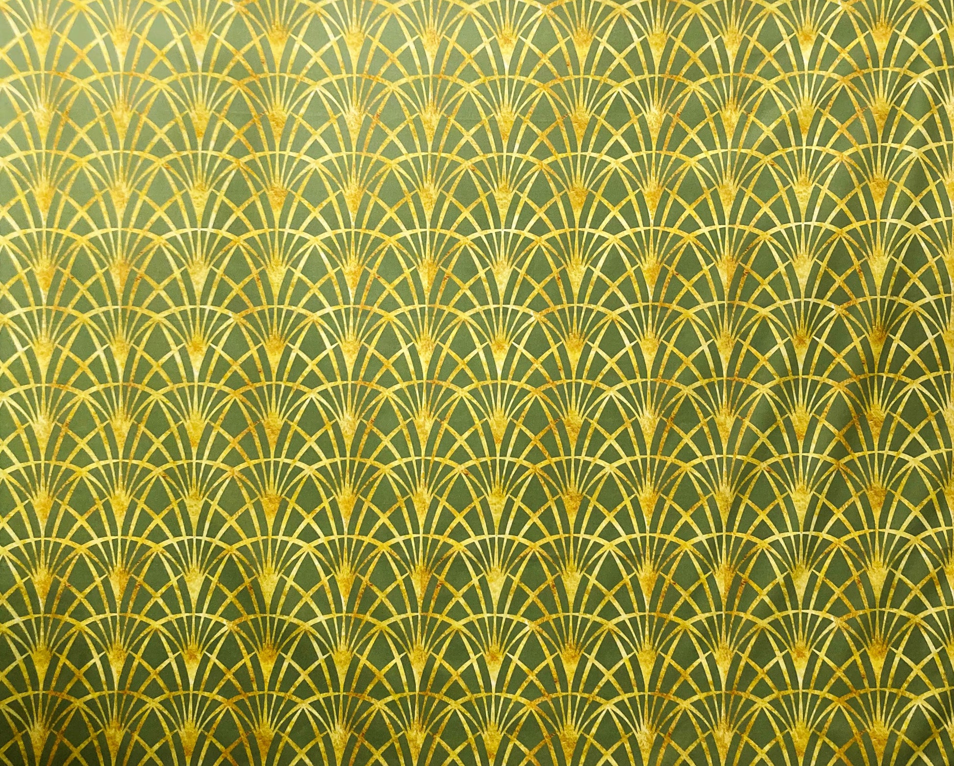 Art Deco Drum Lampshade, Gold Thin Fans, Sage Green