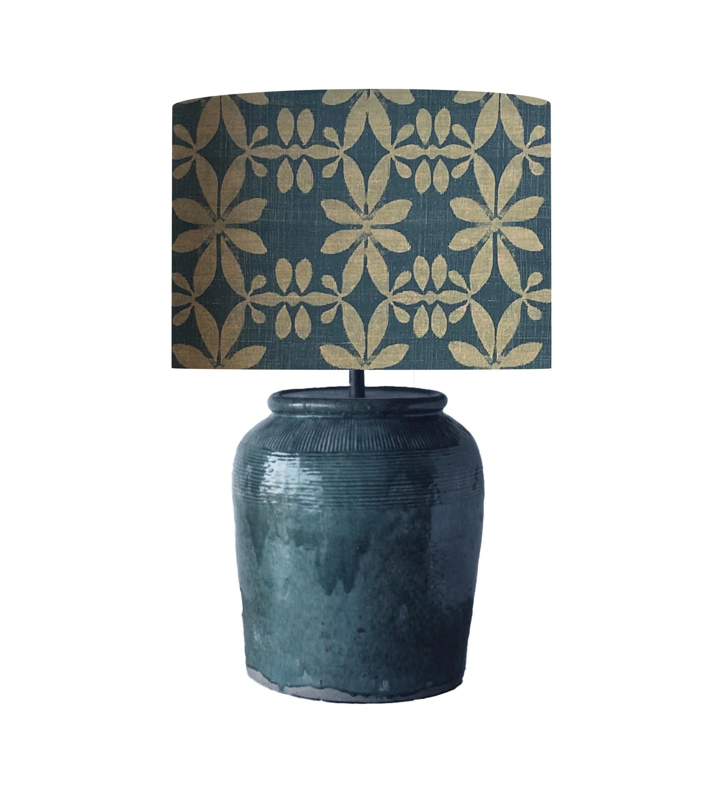 Blue ceramic table lamp with gold floral pattern shade, modern home decor lighting