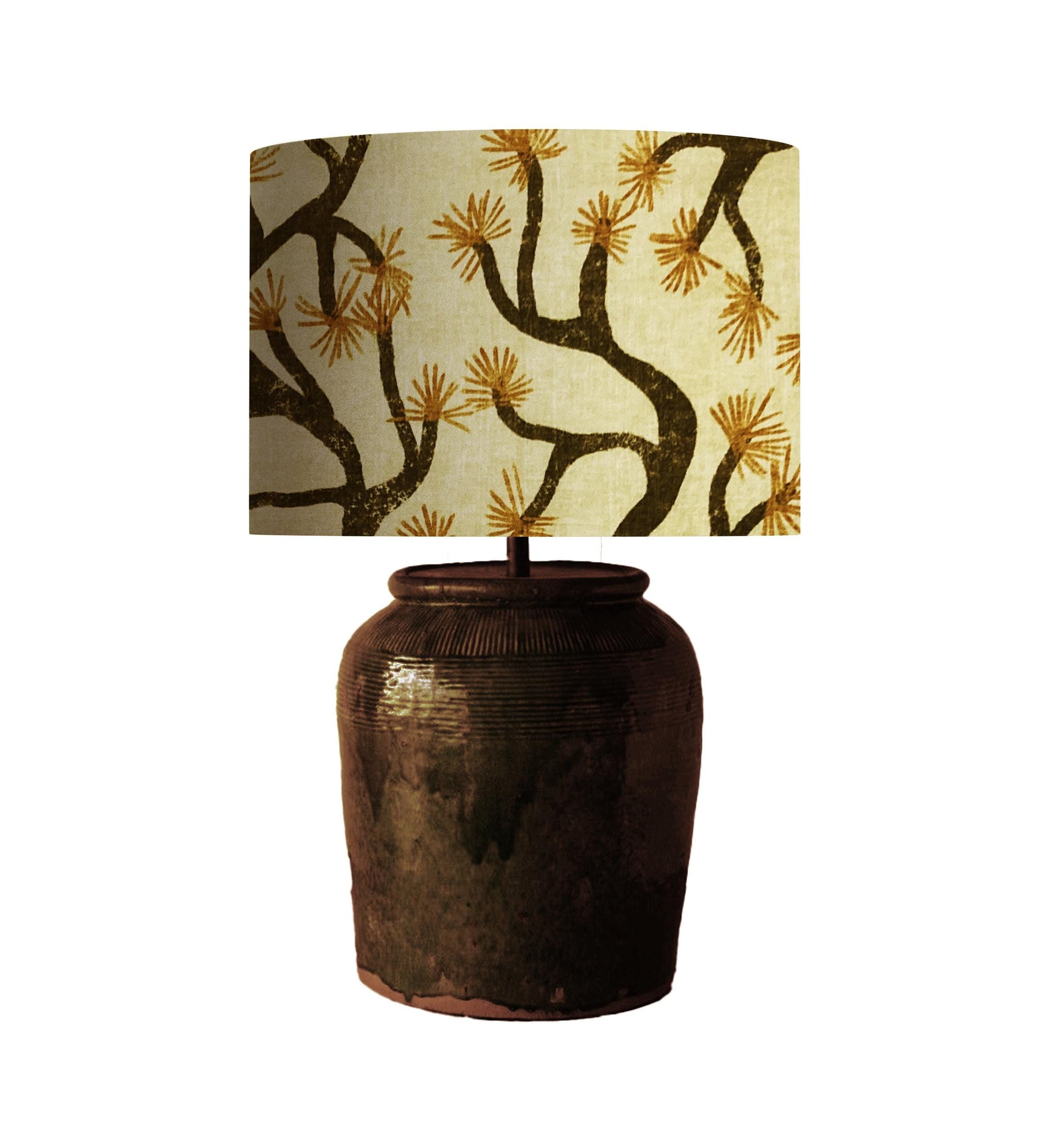 Hand-Drawn Pine Tree Lampshade, Japandi Brown Beige Drum