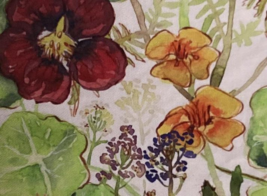 Watercolor floral pattern with red, yellow, and purple flowers on green leaves