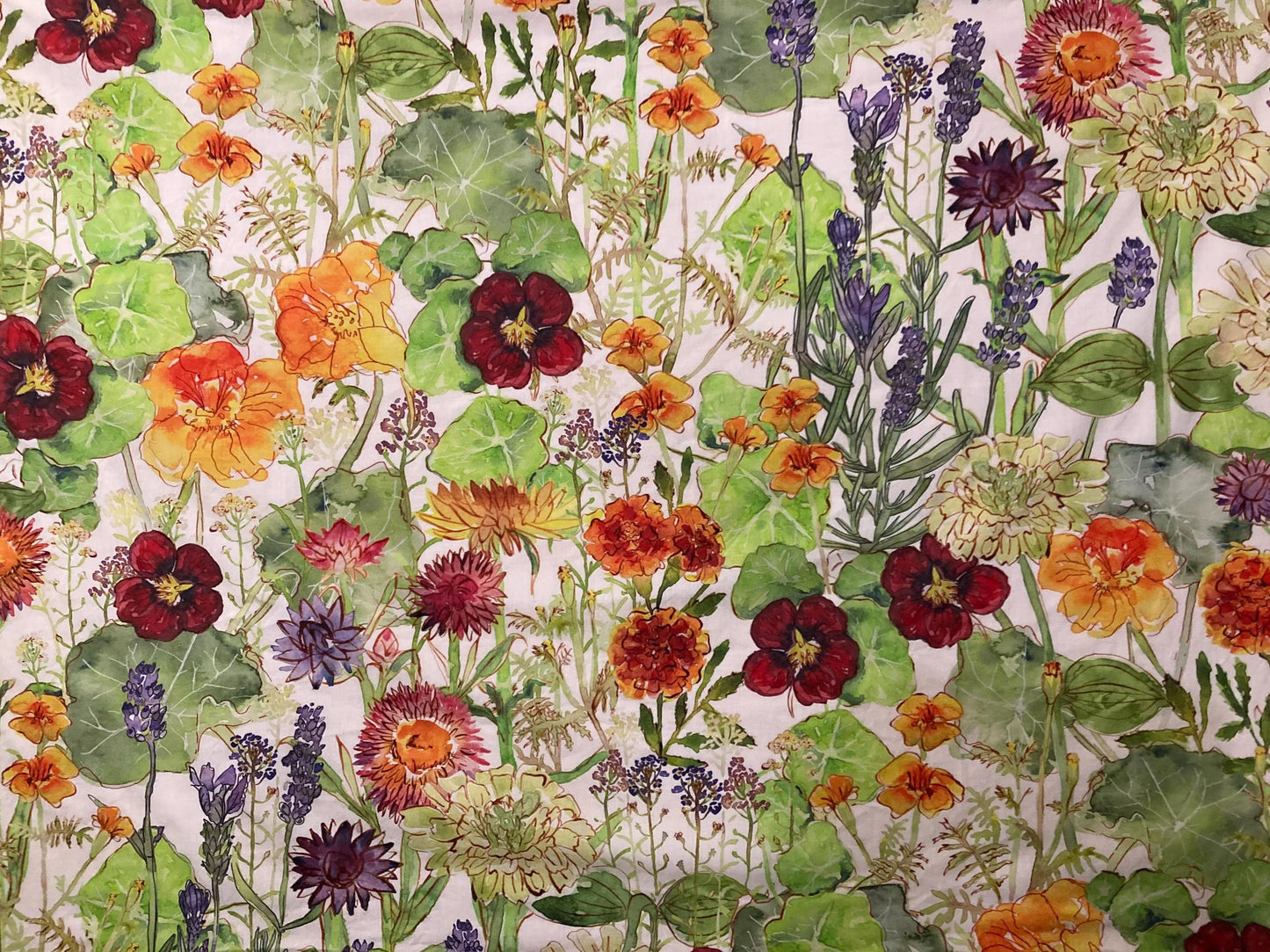 Vibrant watercolor floral pattern with nasturtiums, lavender, and zinnias on fabric for home decor