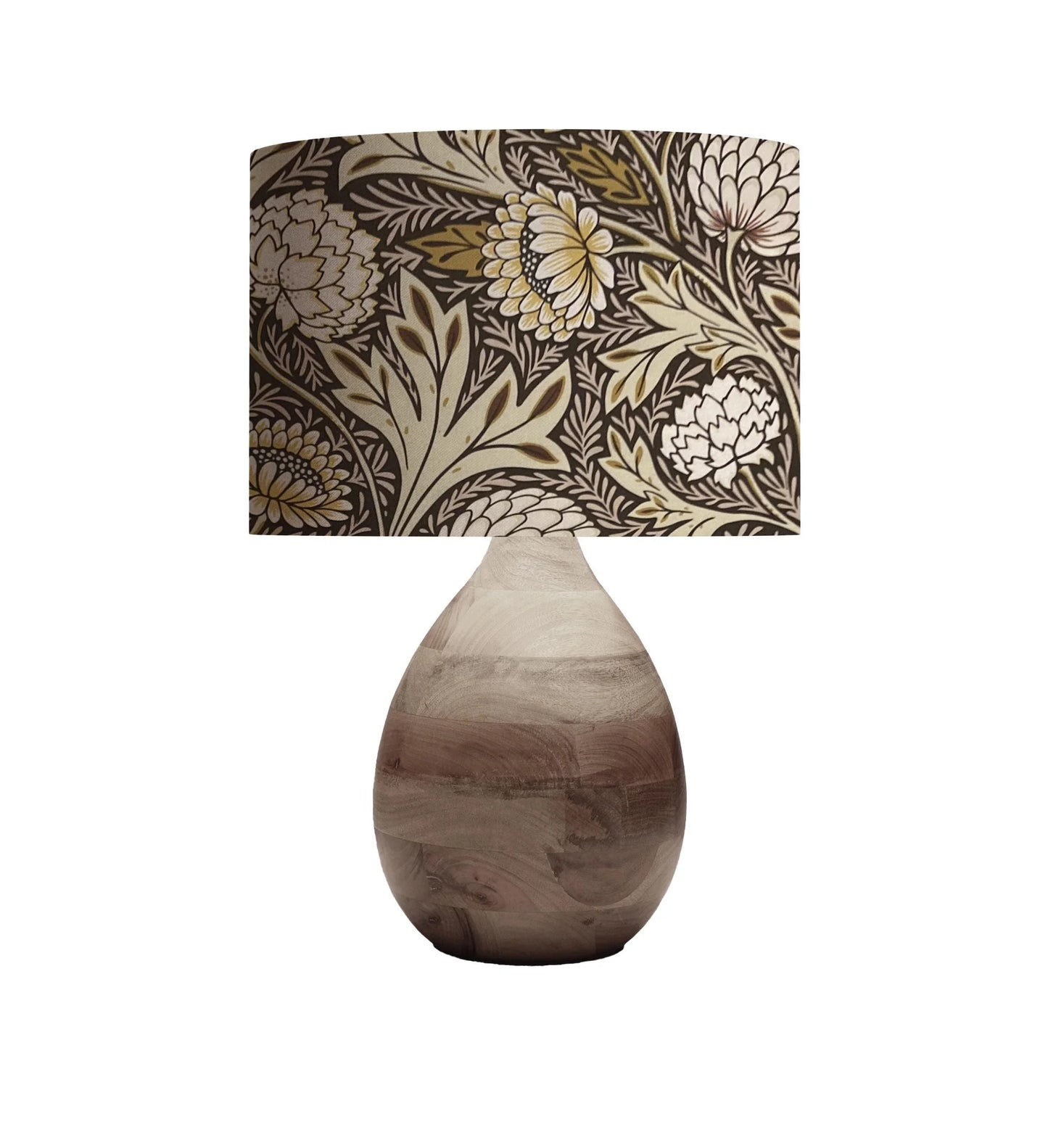 Wooden table lamp with floral patterned shade, rustic home decor lighting