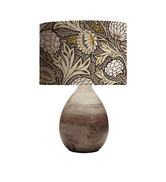 Wooden table lamp with floral patterned shade, rustic home decor lighting