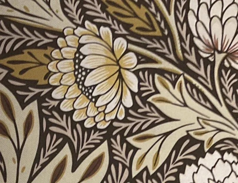 Vintage floral fabric pattern with cream, gold, and brown botanical design for curtains or upholstery