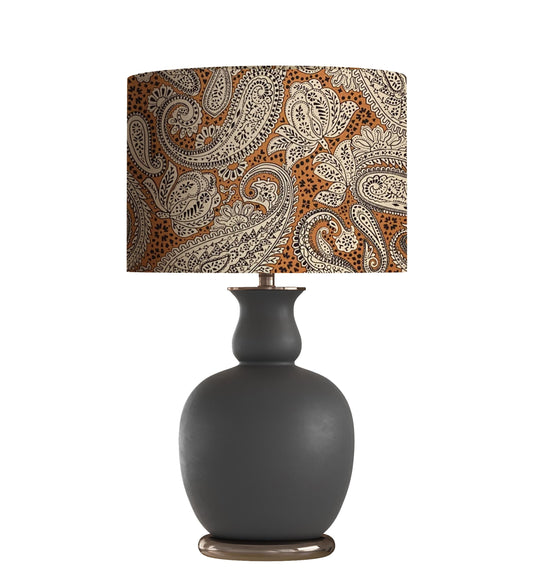 Drum Lampshade, Contemporary Paisley, Black, White, and Golden Brown