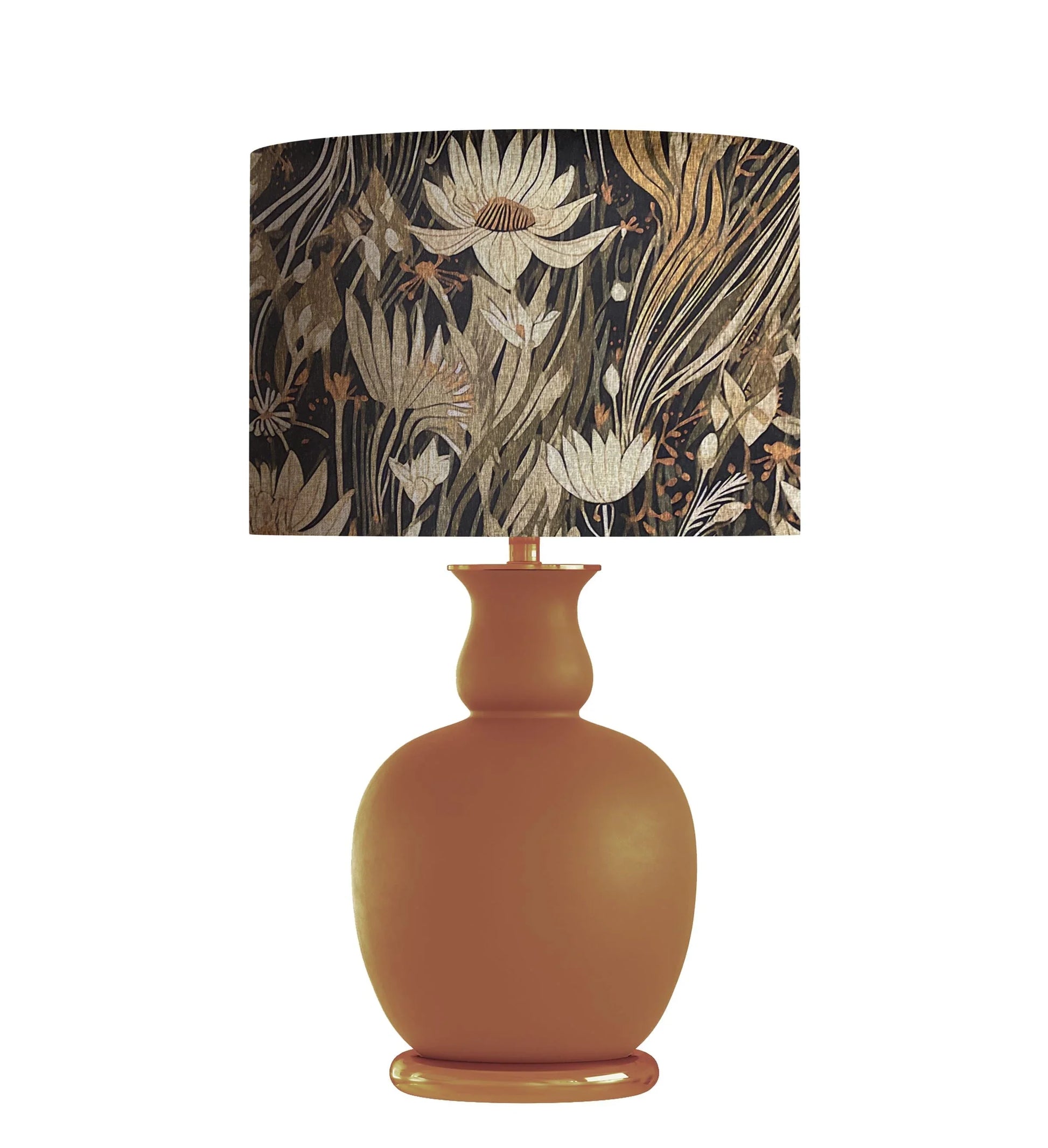 Terracotta table lamp with floral patterned shade, boho home decor lighting