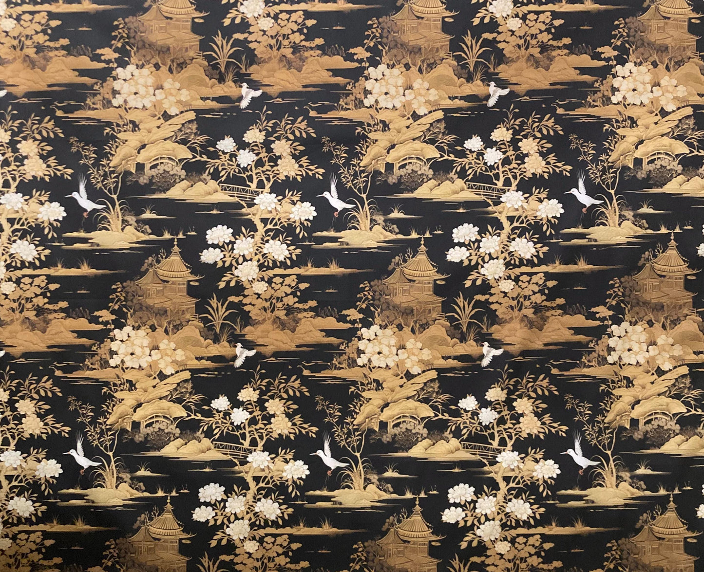 Beautiful black, ivory and gold chinoiserie of nature in the orient