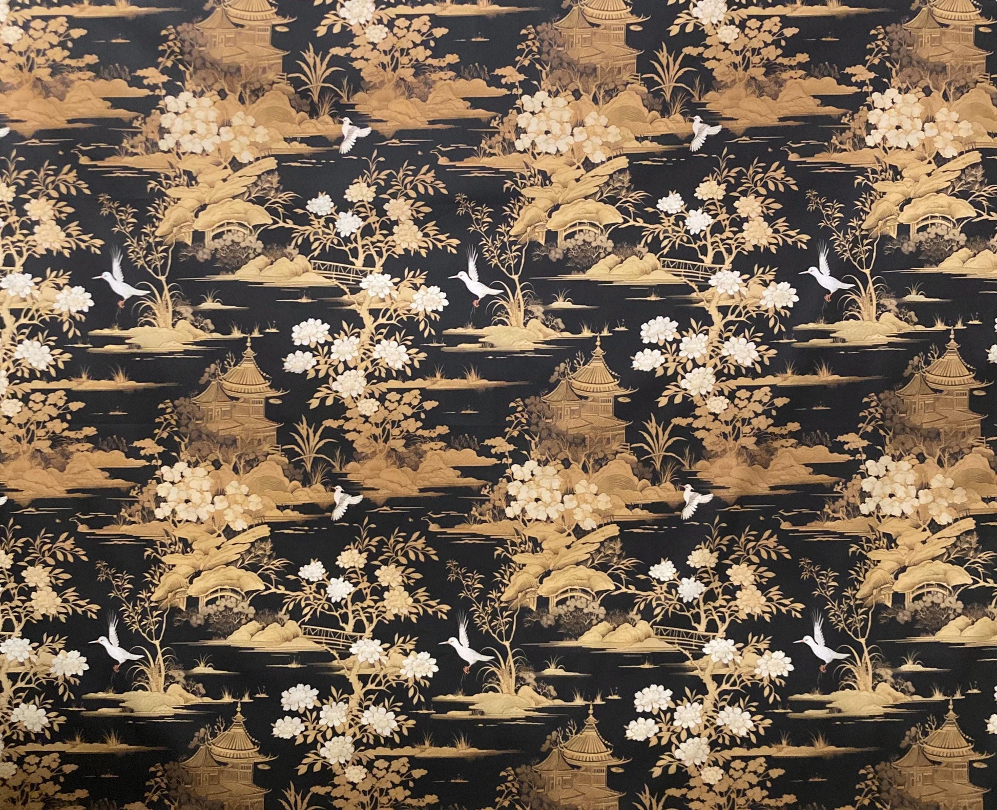 Beautiful black, ivory and gold chinoiserie of nature in the orient