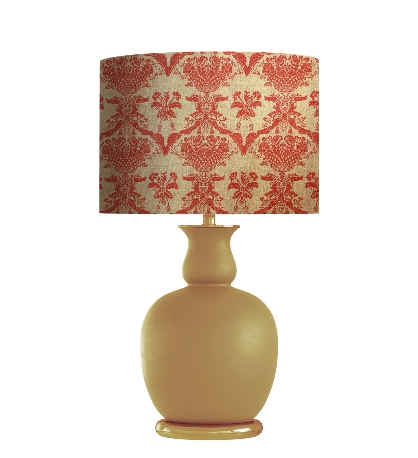Hand drawn damask basket and botanicals, red, yellowy beige, charming