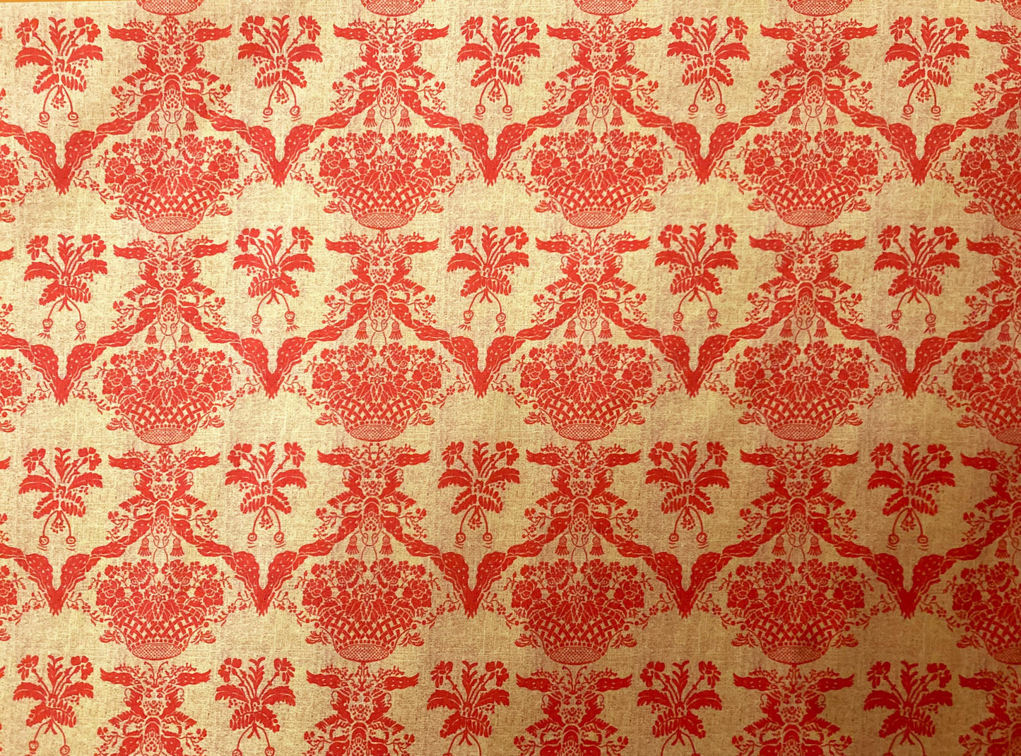 Hand drawn damask basket and botanicals, red, yellowy beige, charming