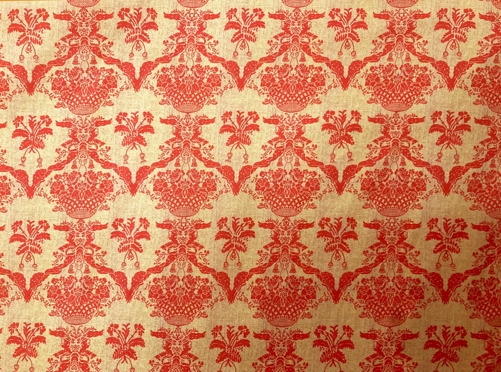 Hand drawn damask basket and botanicals, red, yellowy beige, charming
