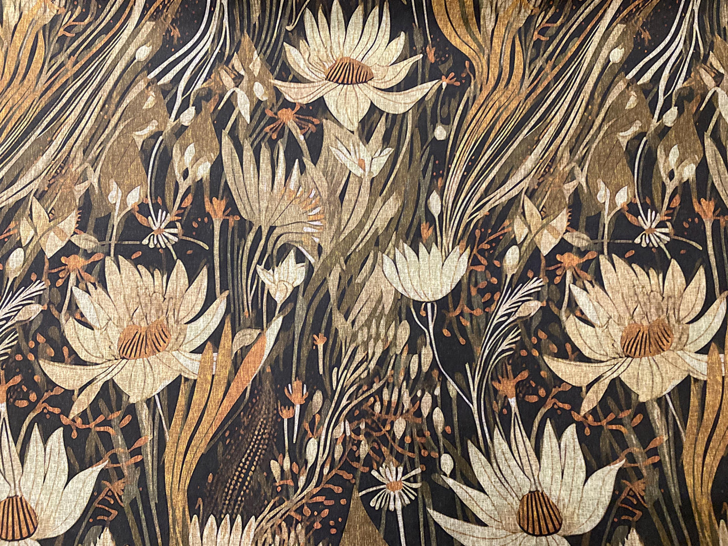 Boho floral fabric with cream daisies, gold accents, and dark background for curtains or upholstery